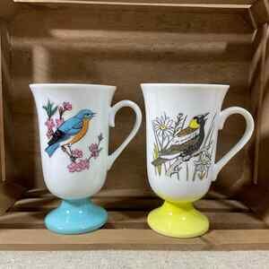 Fred Roberts Vintage Song Birds Set of Two Pedestal Coffee Mugs - Irish Coffee